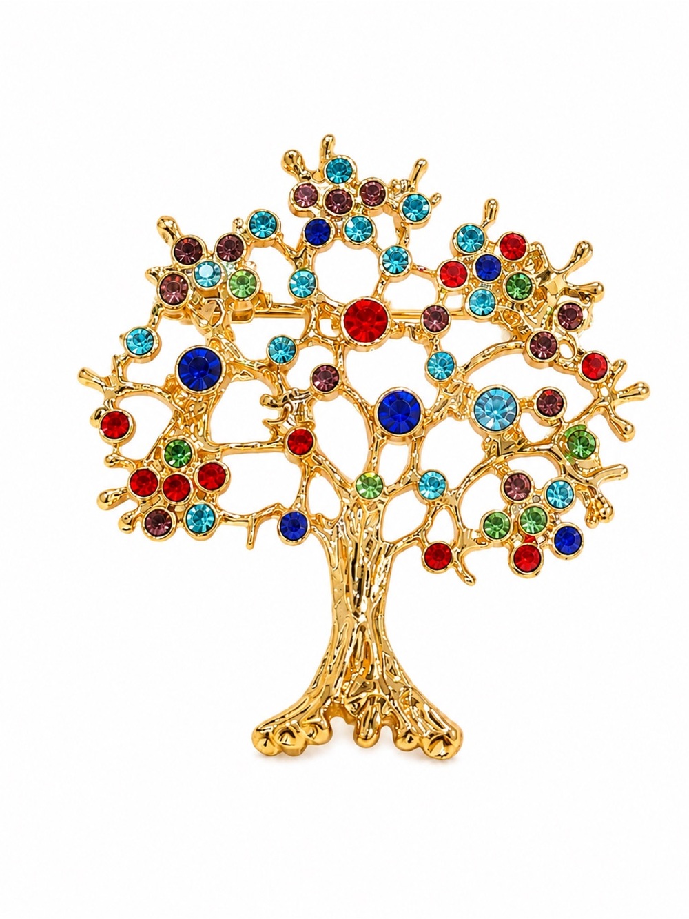 Colorful Tree of Life Gold-Tone Rhinestone Brooch Pin